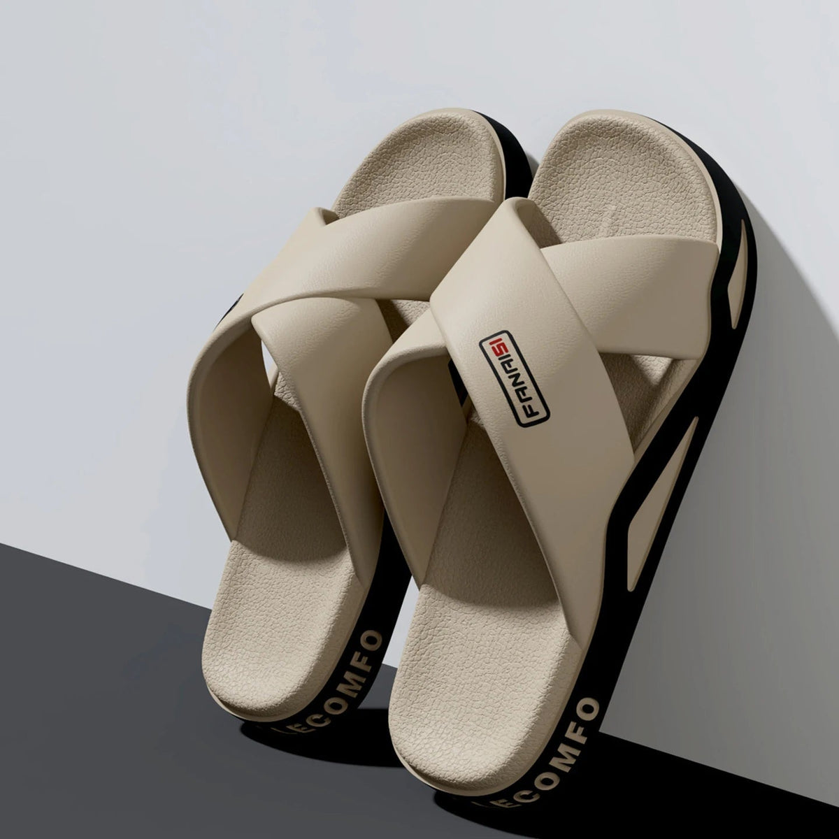 Men's sliders with crossed straps over the instep, textured footbed and thick sole - beige/black