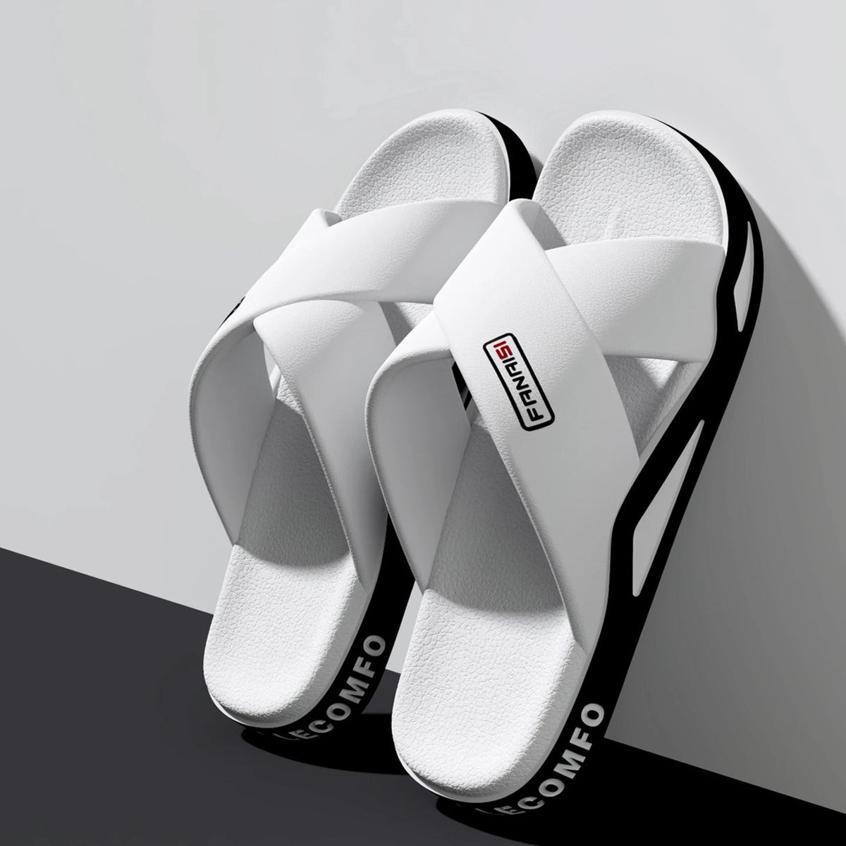 Men's sliders with crossed straps over the instep, textured footbed and thick sole - white/black