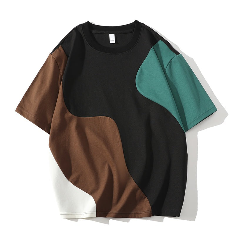 Men's crew neck T-shirt with curved colour block panels - black