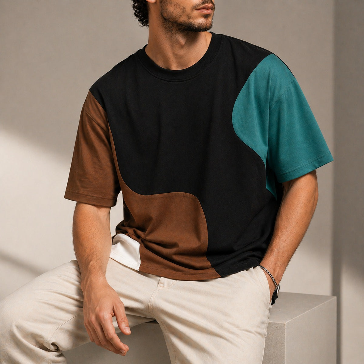 Men's crew neck T-shirt with curved colour block panels - view 2