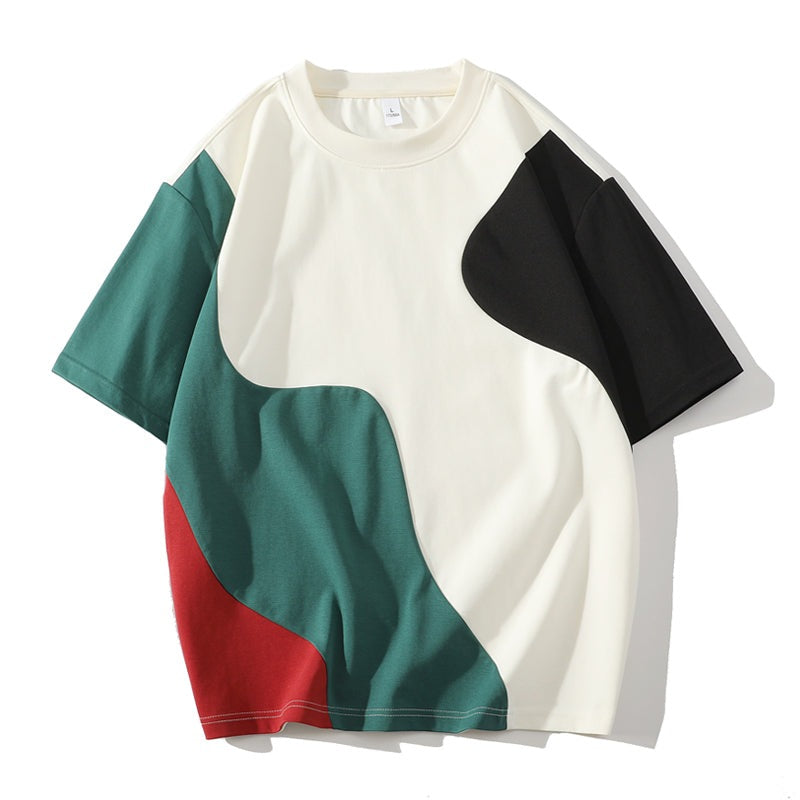 Men's crew neck T-shirt with curved colour block panels - ecru
