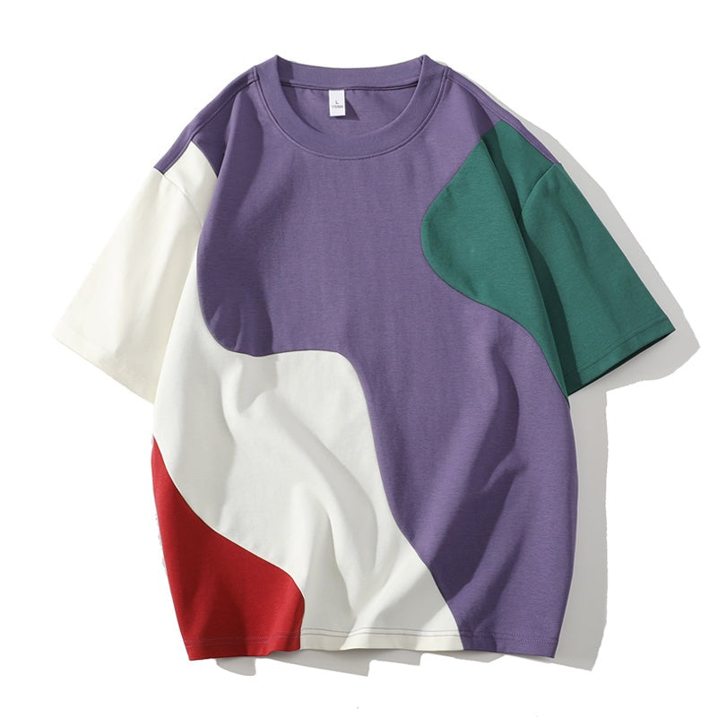 Men's crew neck T-shirt with curved colour block panels - purple