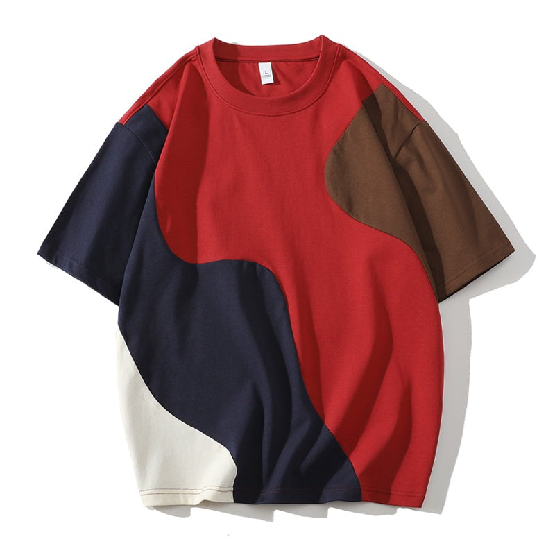 Men's crew neck T-shirt with curved colour block panels - red