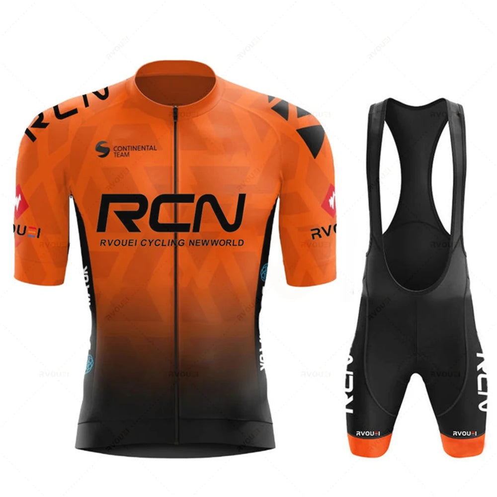 Men's cycling kit with a short-sleeve jersey and padded shorts - orange - bib shorts