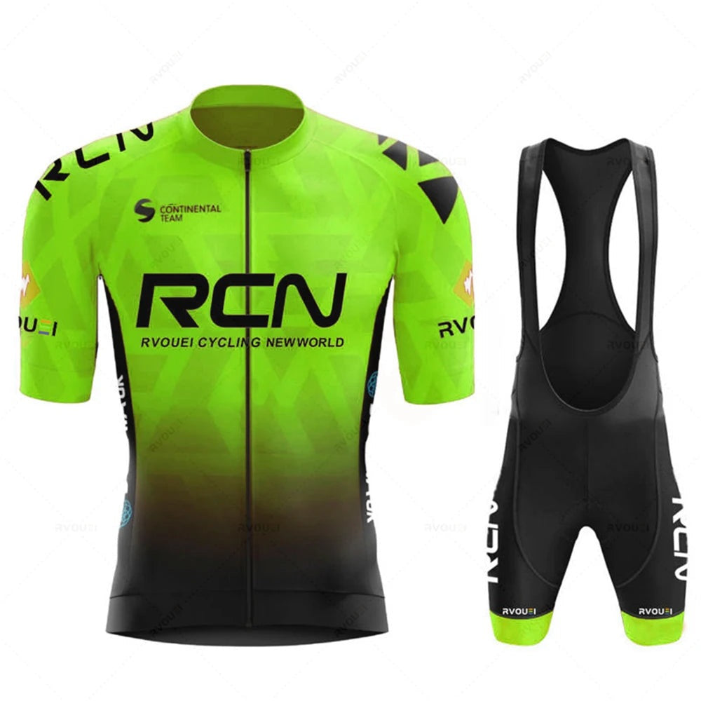 Men's cycling kit with a short-sleeve jersey and padded shorts - lime green - bib shorts