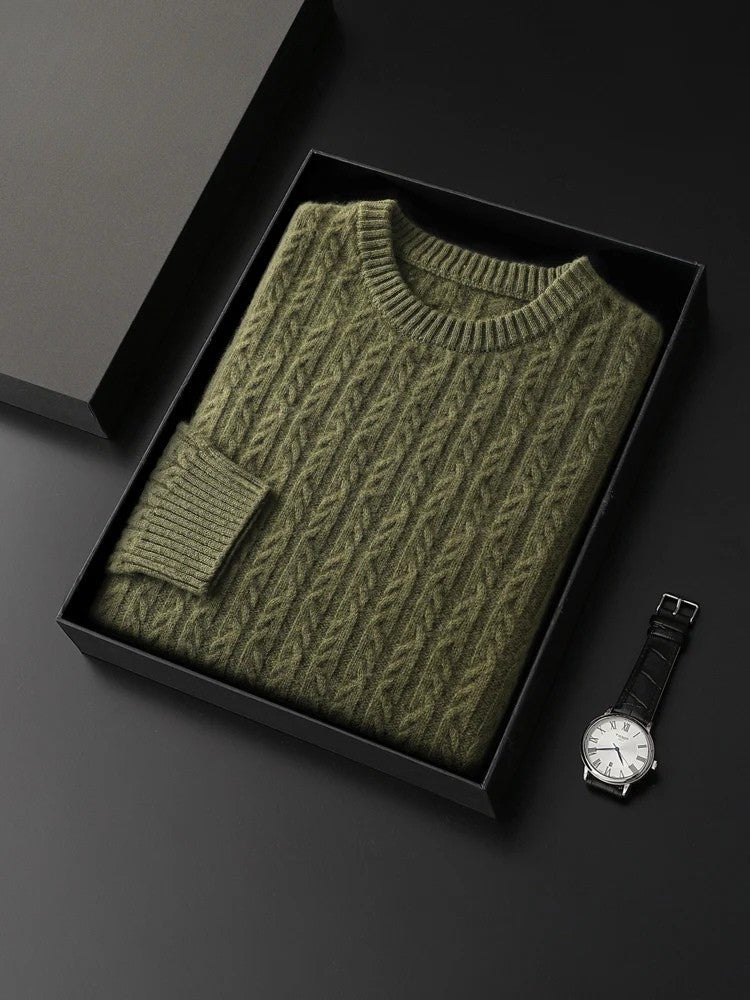 Men's crew neck jumper in a dense cable knit with ribbed trims - olive