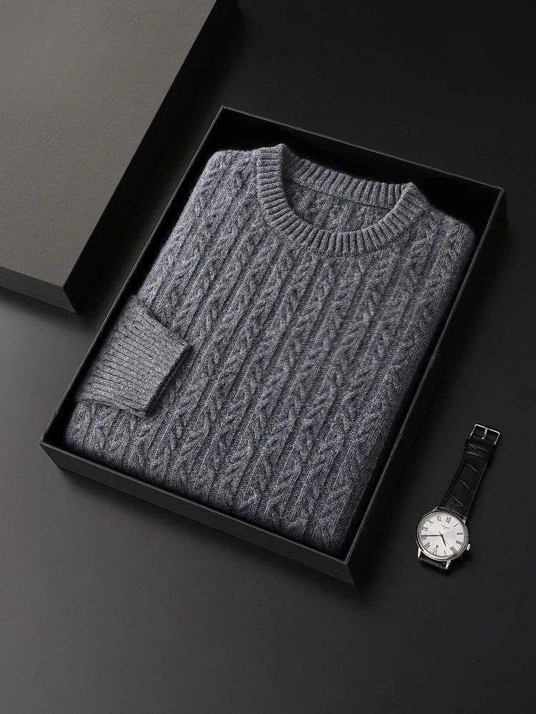 Men's crew neck jumper in a dense cable knit with ribbed trims - slate grey