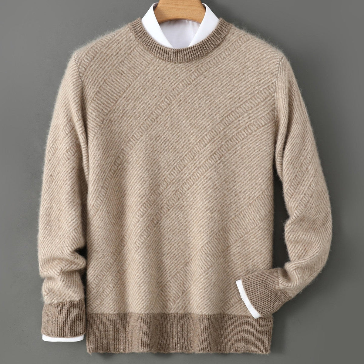 Men's diagonal jacquard crew neck jumper with ribbed trims in a darker shade - camel