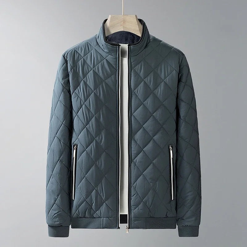 Men's diamond quilted jacket with a fleece lining, stand collar and white zips - blue grey
