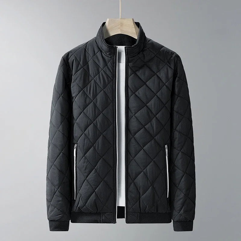 Men's diamond quilted jacket with a fleece lining, stand collar and white zips - black
