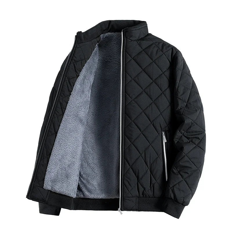 Men's diamond quilted jacket with a fleece lining, stand collar and white zips - view 3
