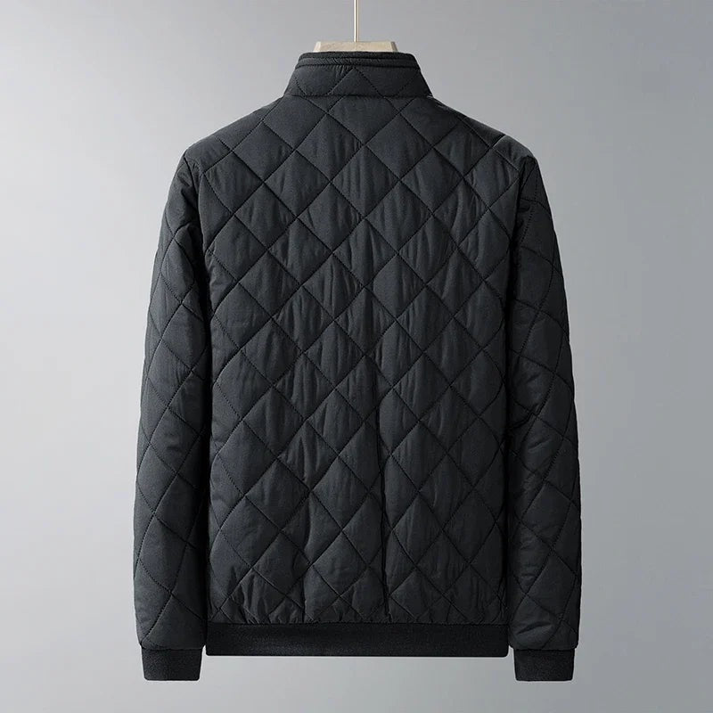 Men's diamond quilted jacket with a fleece lining, stand collar and white zips - view 4