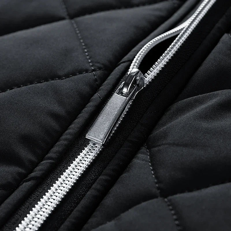 Men's diamond quilted jacket with a fleece lining, stand collar and white zips - view 5