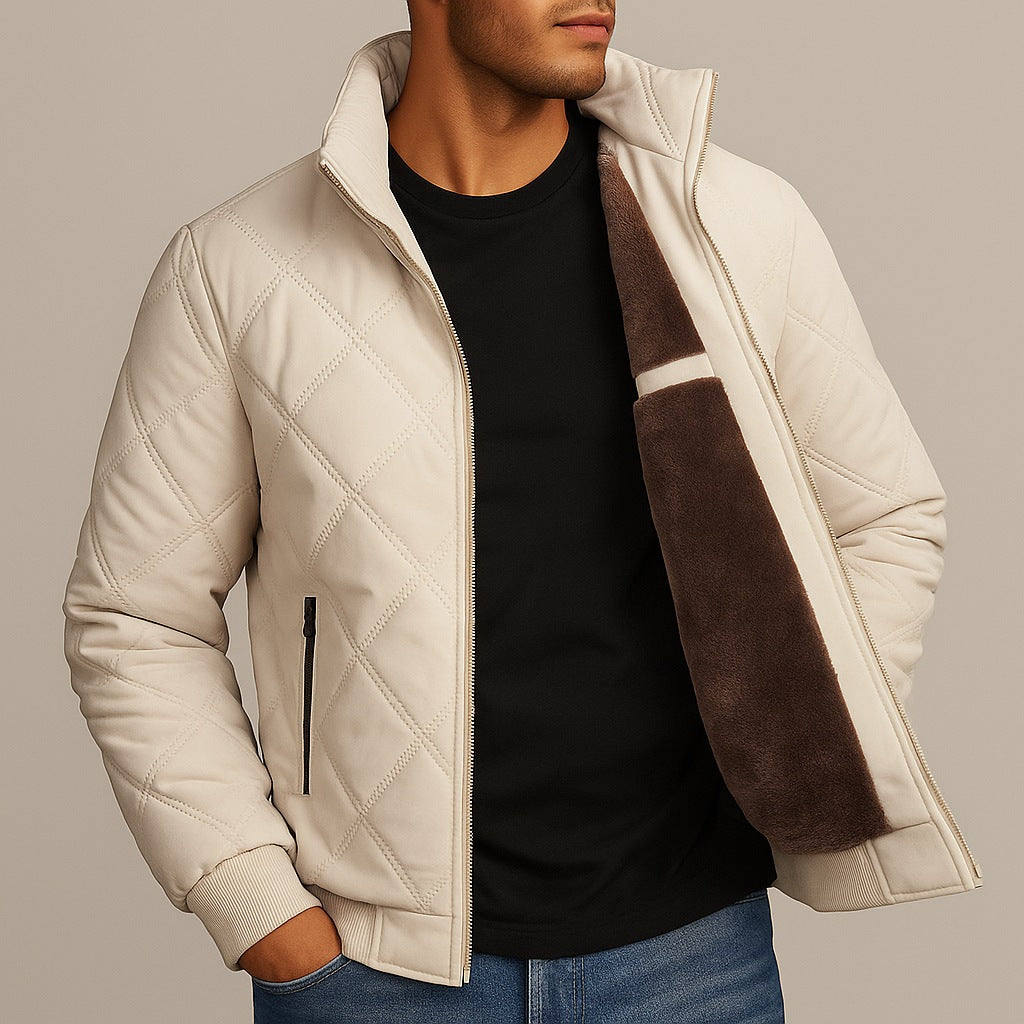 Men's diamond-quilted jacket with a plush lining and stand collar - off-white