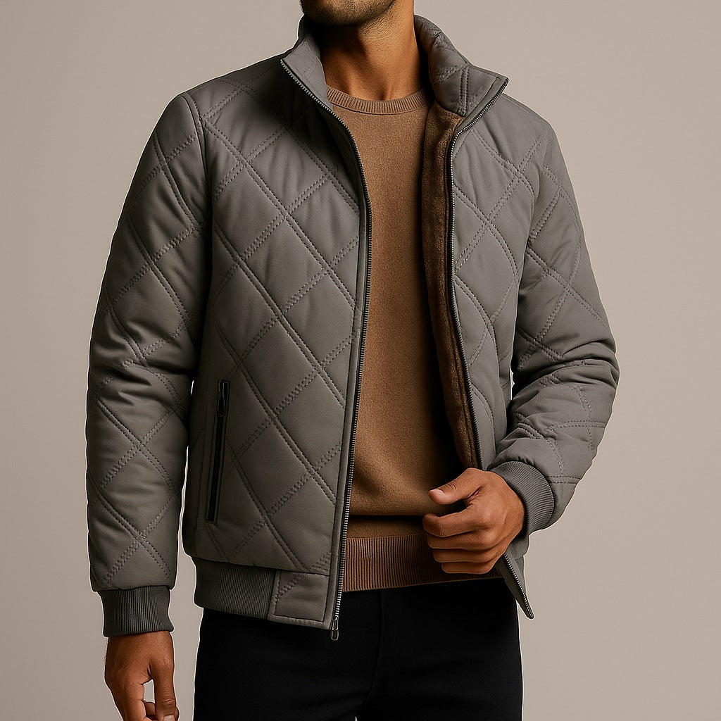 Men's diamond-quilted jacket with a plush lining and stand collar - grey
