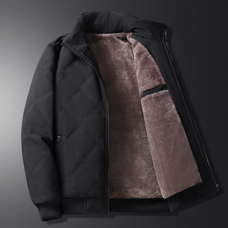 Men's diamond-quilted jacket with a plush lining and stand collar - black