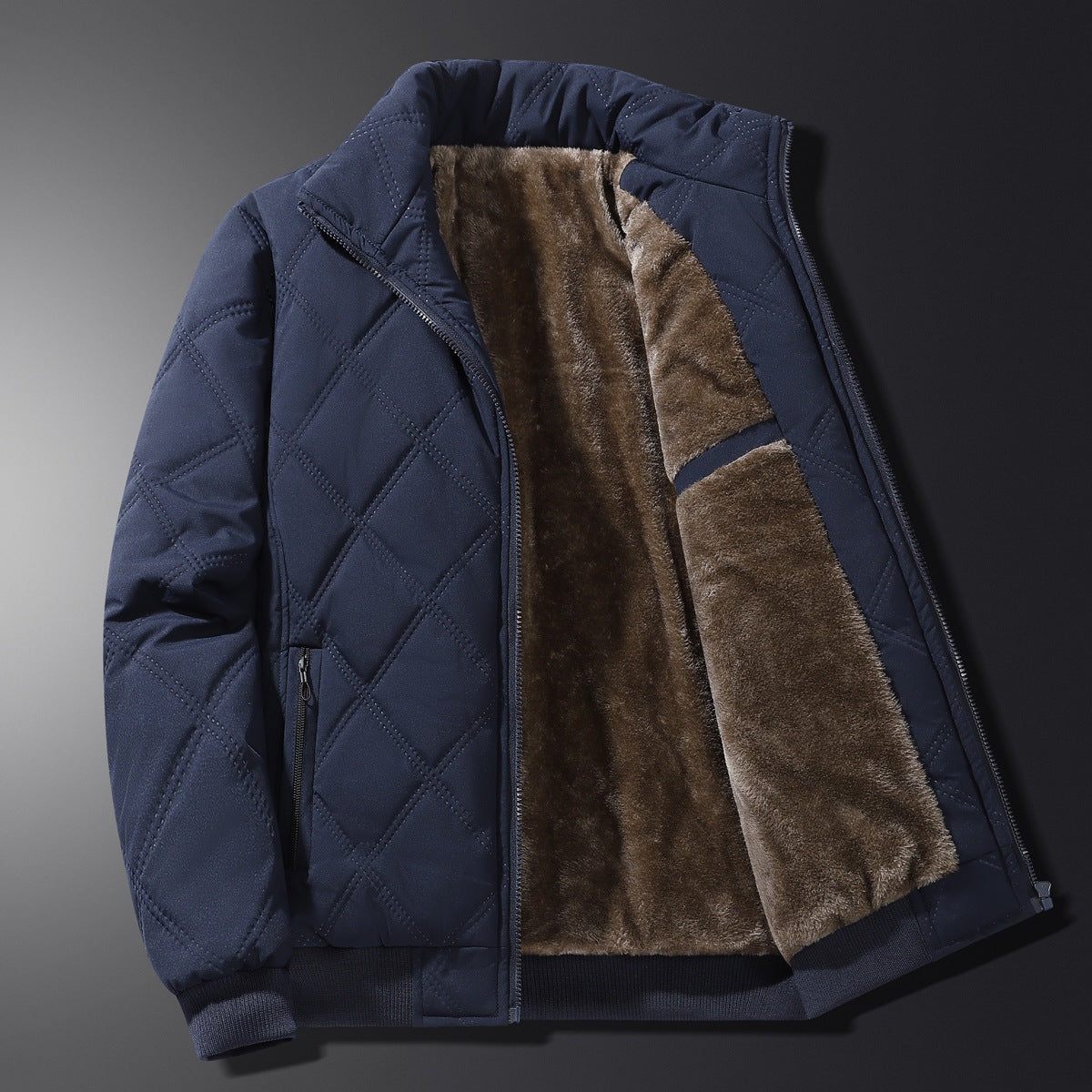 Men's diamond-quilted jacket with a plush lining and stand collar - navy