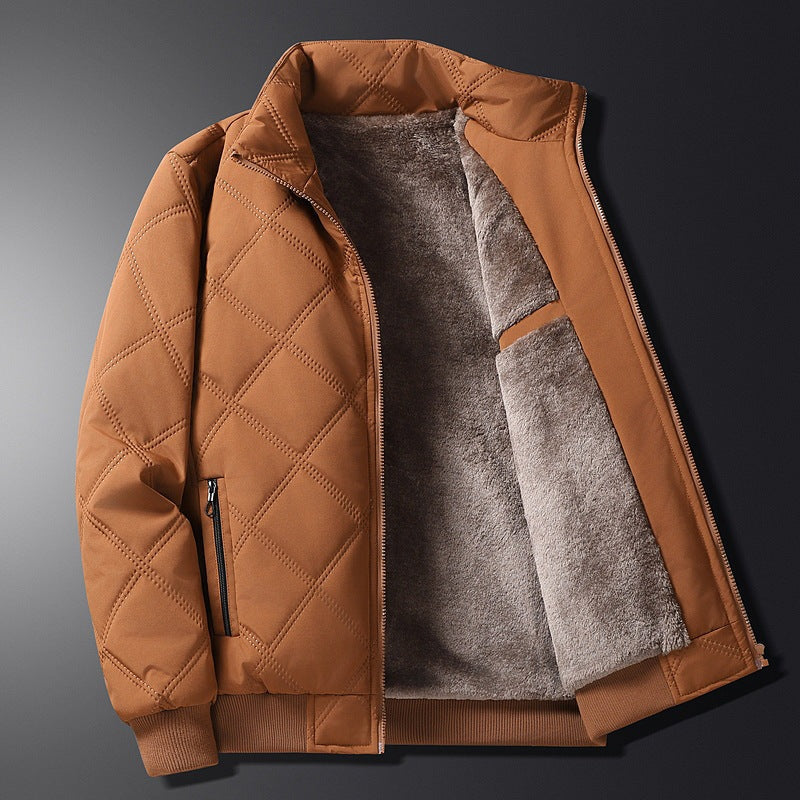 Men's diamond-quilted jacket with a plush lining and stand collar - cognac