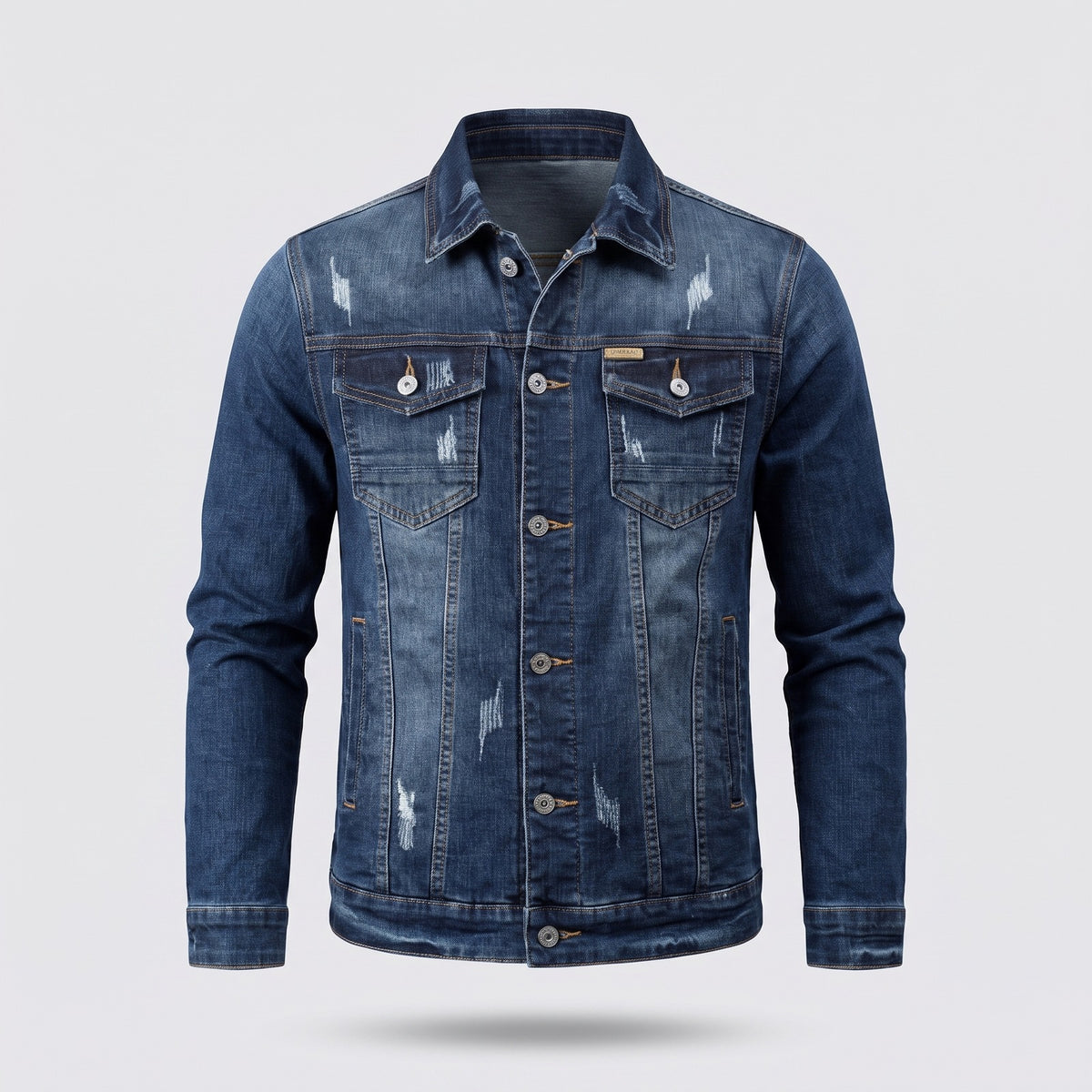 Men's distressed denim jacket with two chest pockets - dark blue