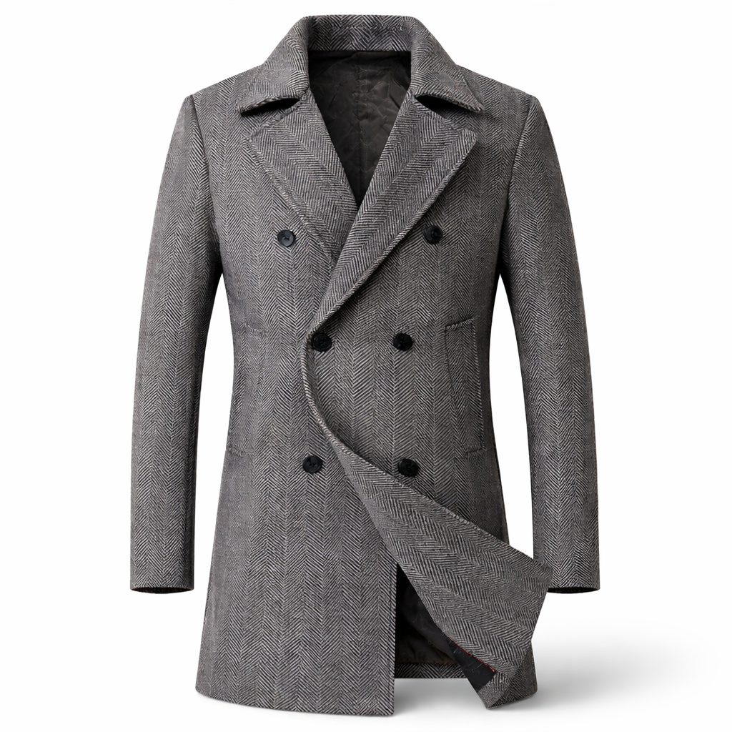Men's double-breasted herringbone coat with wide lapels - grey