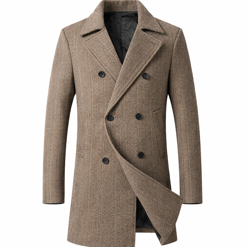 Men's double-breasted herringbone coat with wide lapels - taupe