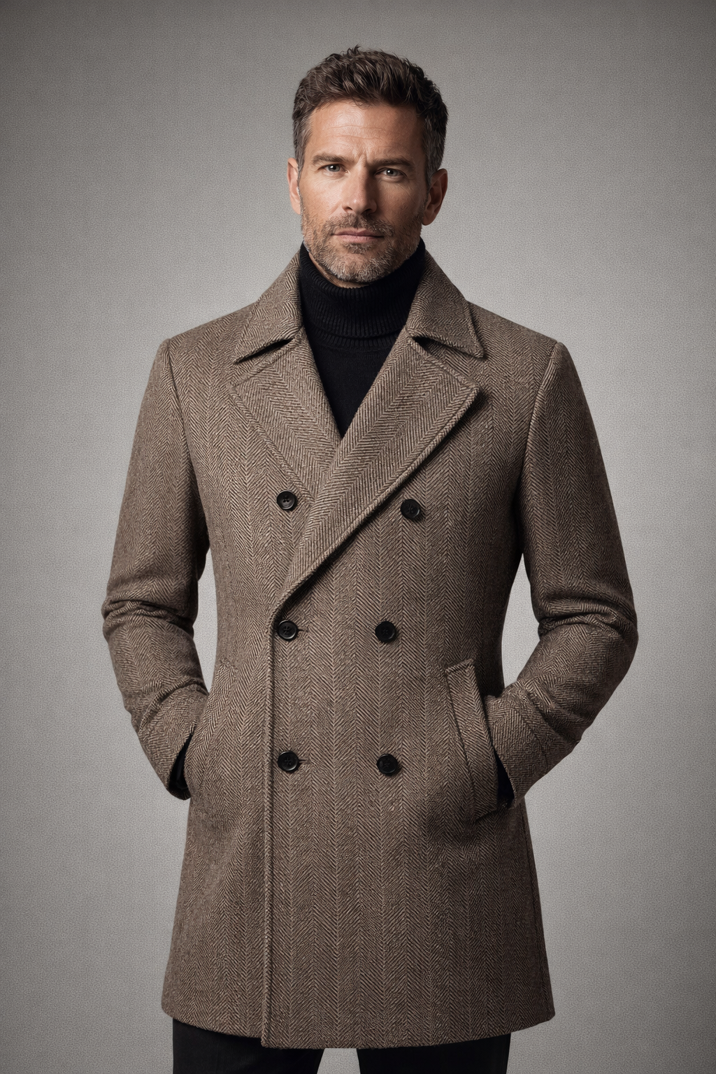 Men's double-breasted herringbone coat with wide lapels