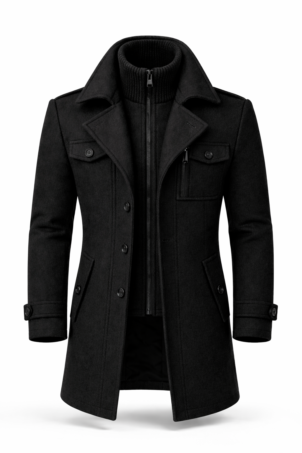 Men's double-collar coat with a knitted zip bib and epaulettes - black
