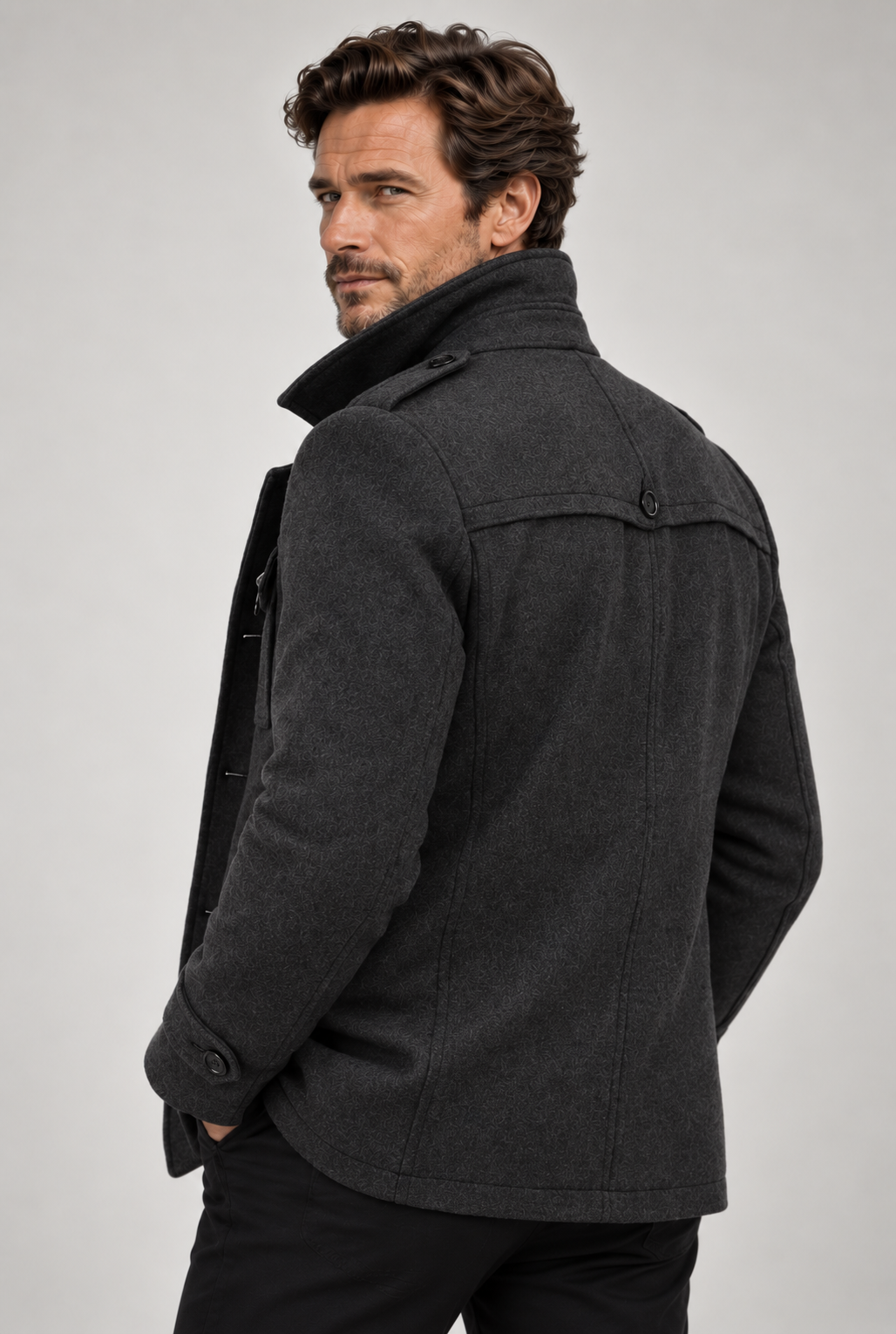 Men's double-collar coat with a knitted zip bib and epaulettes