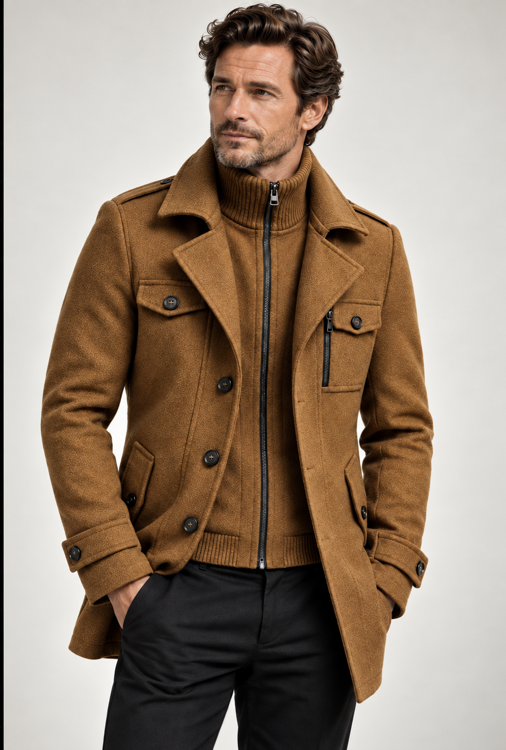 Men's double-collar coat with a knitted zip bib and epaulettes