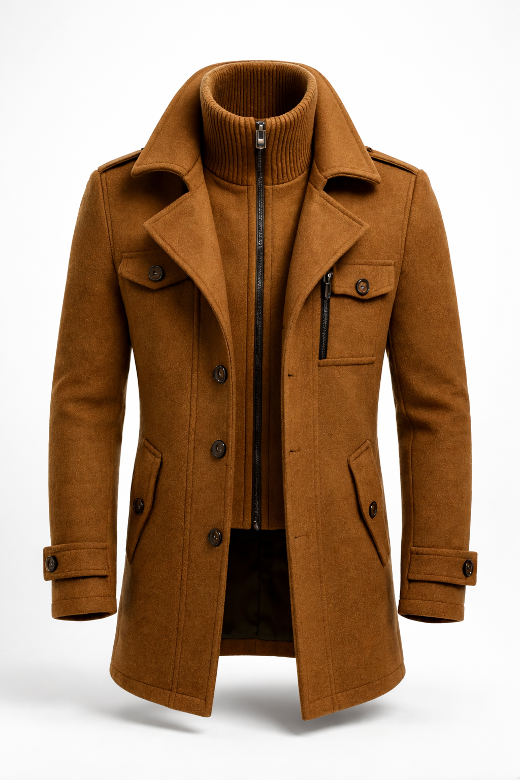 Men's double-collar coat with a knitted zip bib and epaulettes - camel