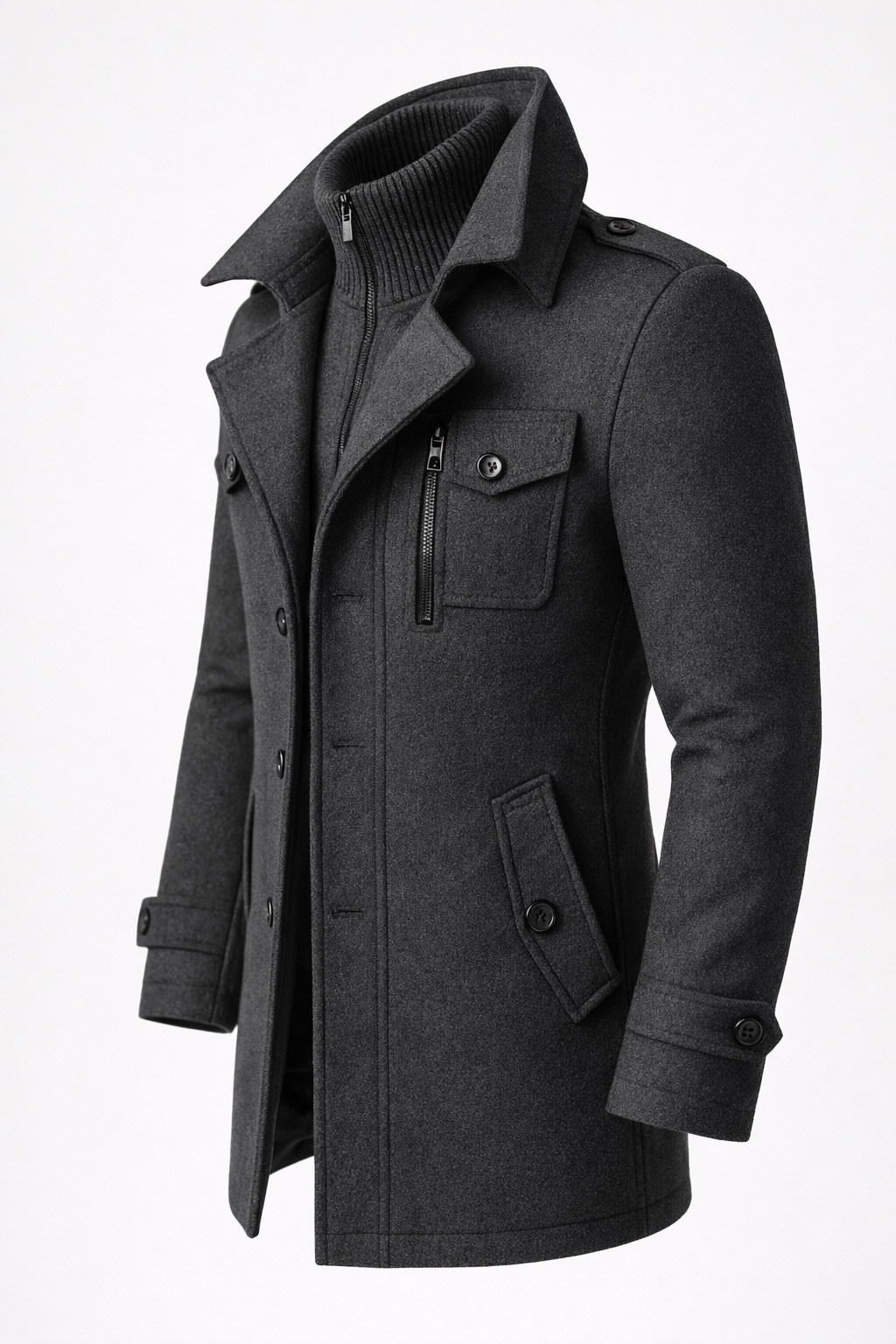 Men's double-collar coat with a knitted zip bib and epaulettes