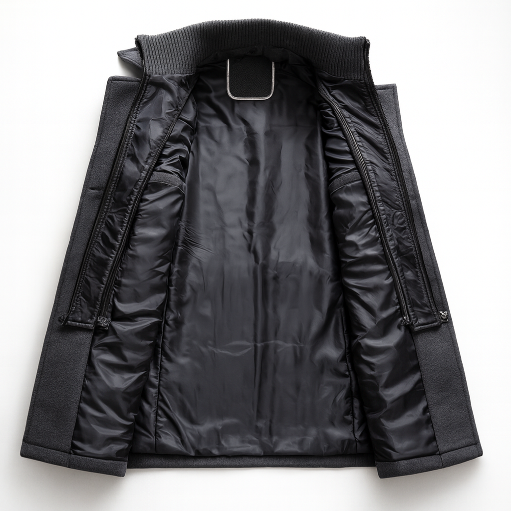 Men's double-collar coat with a knitted zip bib and epaulettes