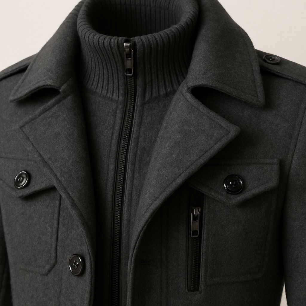 Men's double-collar coat with a knitted zip bib and epaulettes
