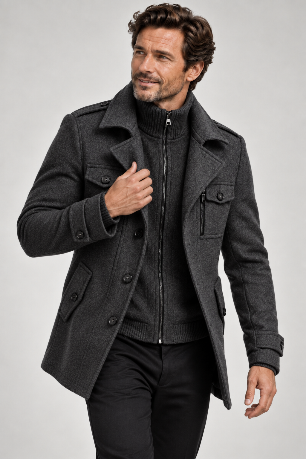 Men's double-collar coat with a knitted zip bib and epaulettes