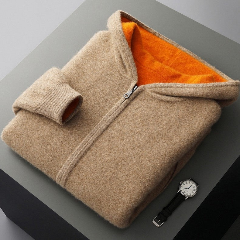 Men's double-faced knit zip-up hoodie with a hood and full-length zip - camel/orange