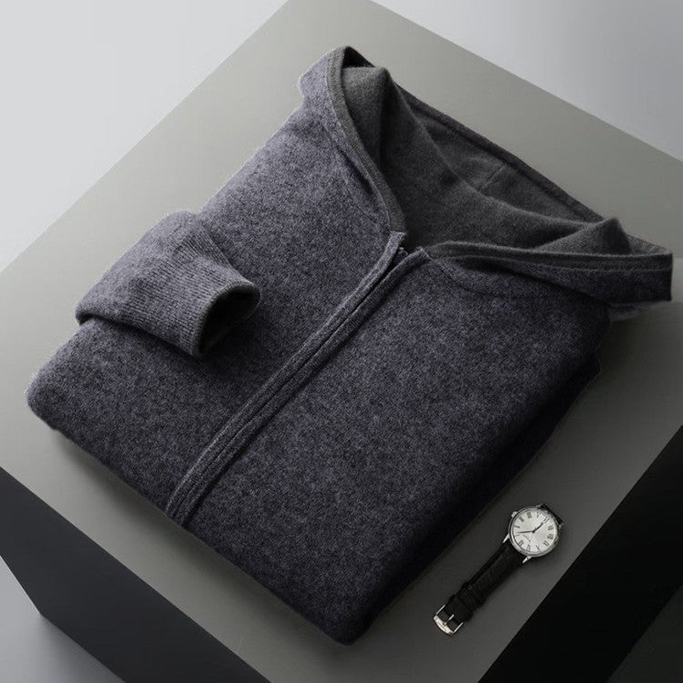 Men's double-faced knit zip-up hoodie with a hood and full-length zip - charcoal/grey