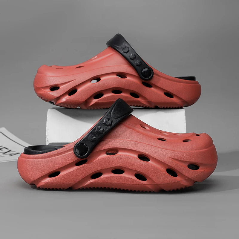 EVA clogs with a closed toe, vent holes, thick sole and pivoting heel strap