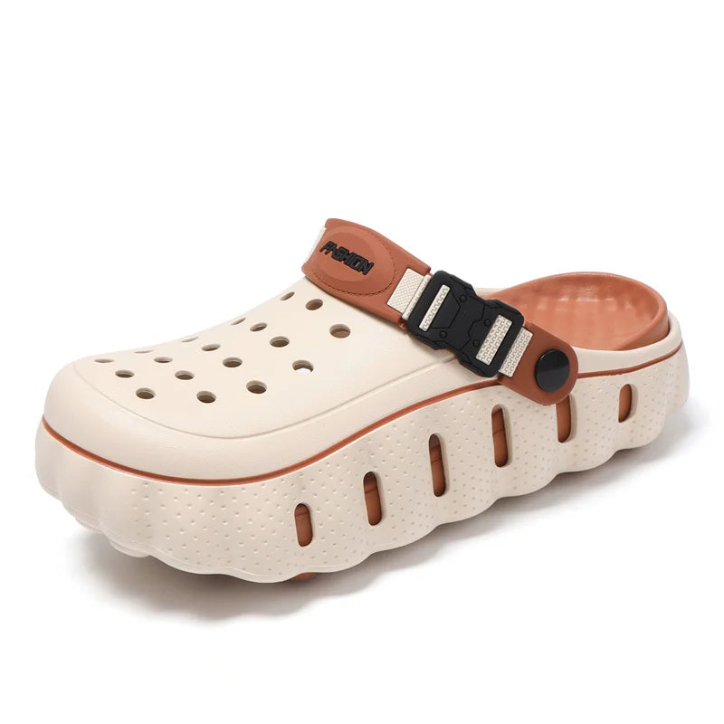 EVA clogs with a closed toe, thick scalloped sole and buckle heel strap - beige