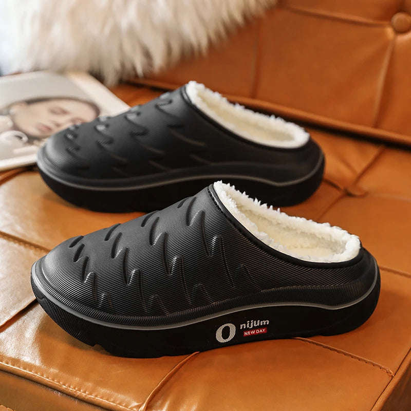 Men's slippers in EVA with fleece lining, thick sole and open heel - black/grey