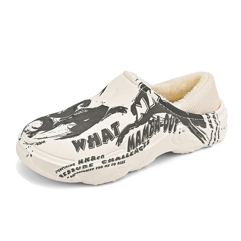 Men's EVA slippers with graphic print, plush lining and fold-down heel - cream