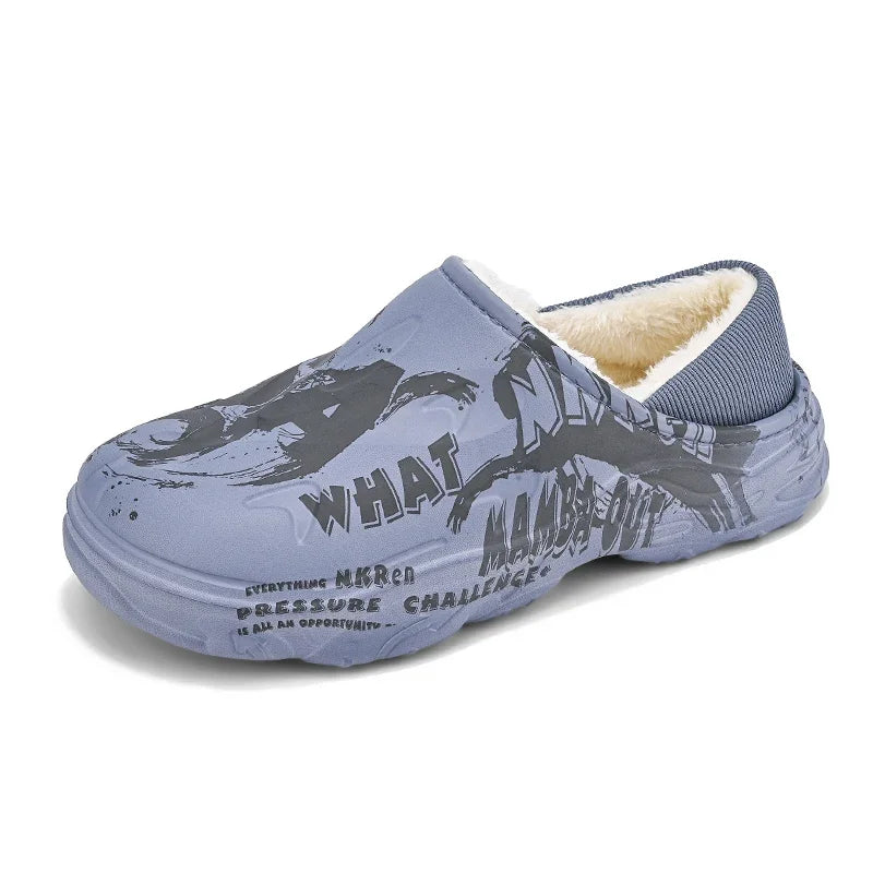 Men's EVA slippers with graphic print, plush lining and fold-down heel - grey blue