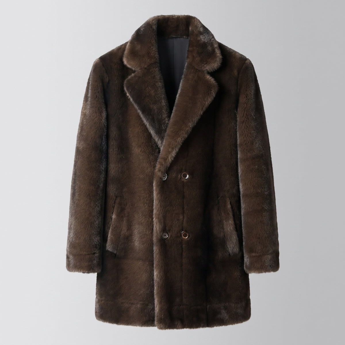 Men's faux fur coat with notch lapels and a double-breasted front - brown