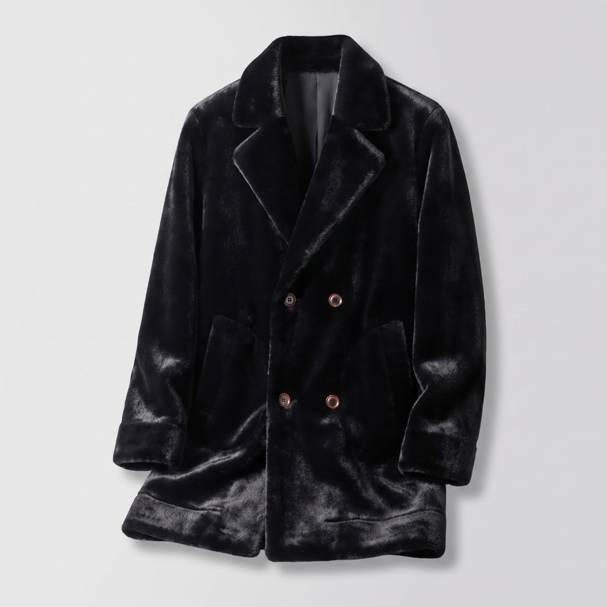 Men's faux fur coat with notch lapels and a double-breasted front - black