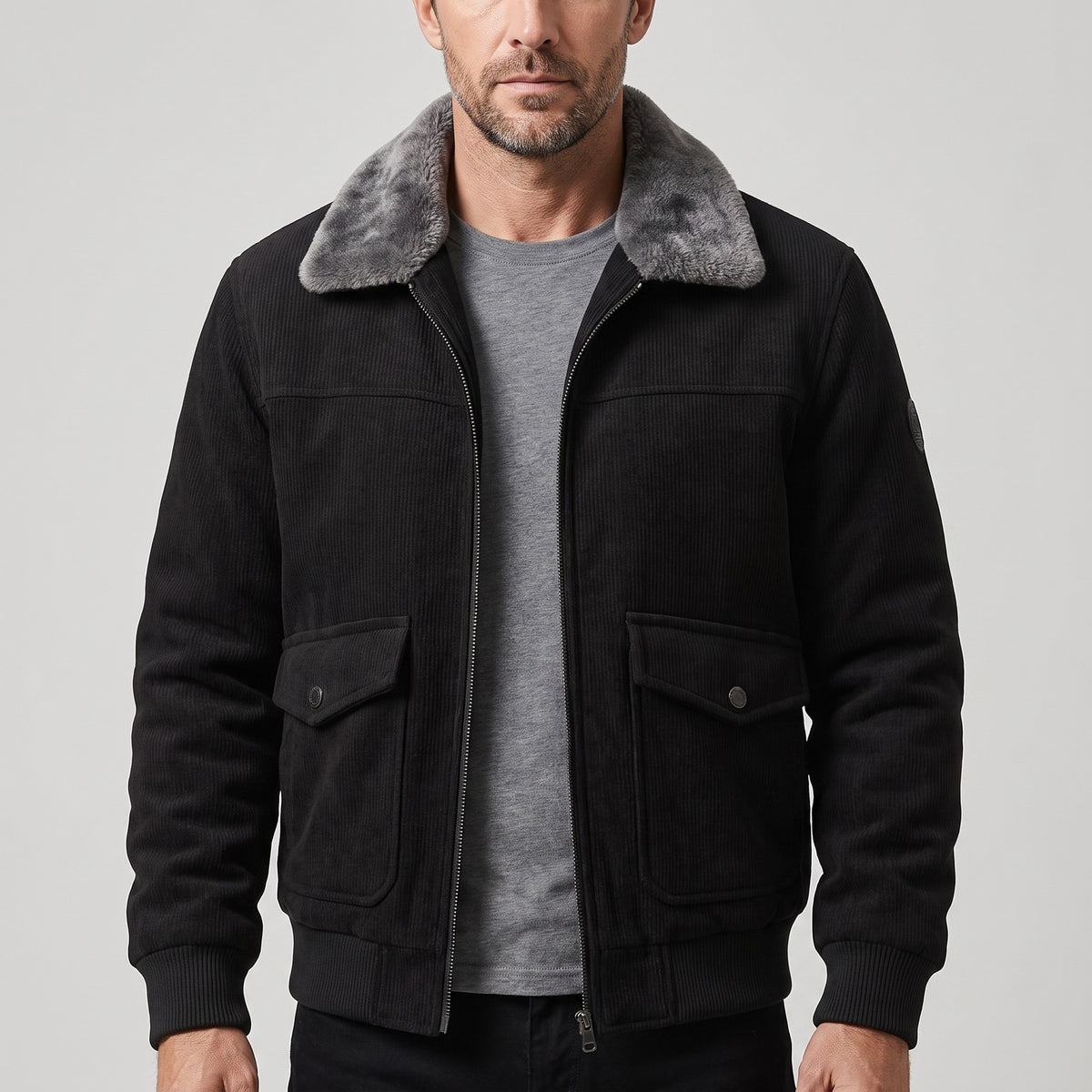Men's black jacket with a faux fur collar and lining and flap pockets - black