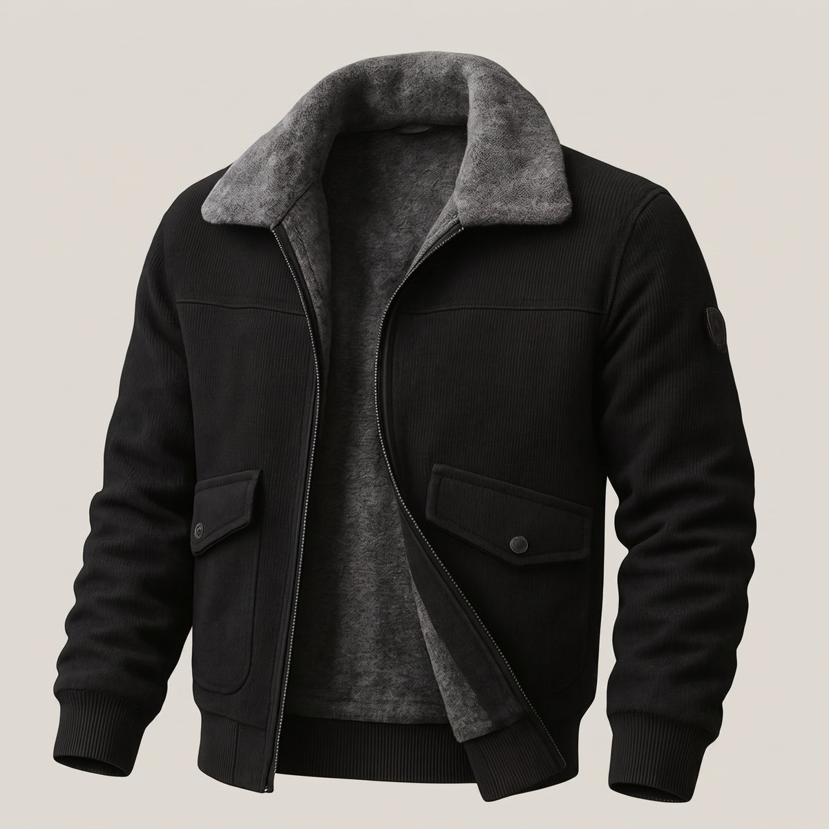 Men's black jacket with a faux fur collar and lining and flap pockets - black