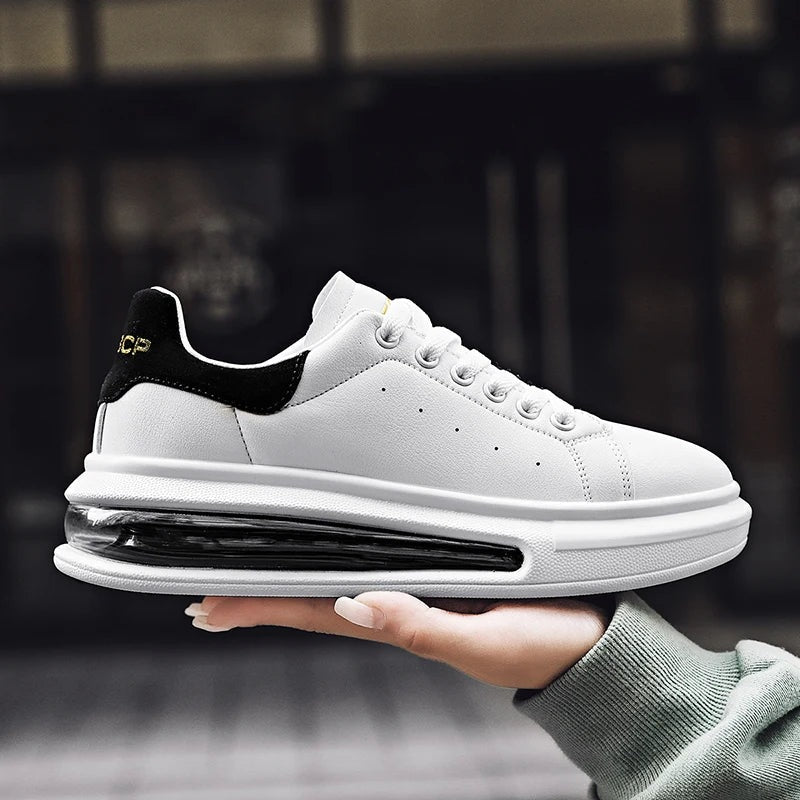 Men's faux leather trainers with a thick sole, visible air cushion and suede-look heel piece - view 4