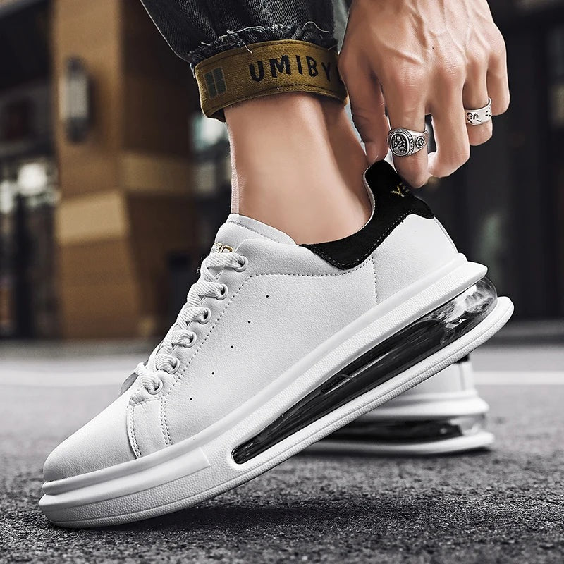 Men's faux leather trainers with a thick sole, visible air cushion and suede-look heel piece - view 5