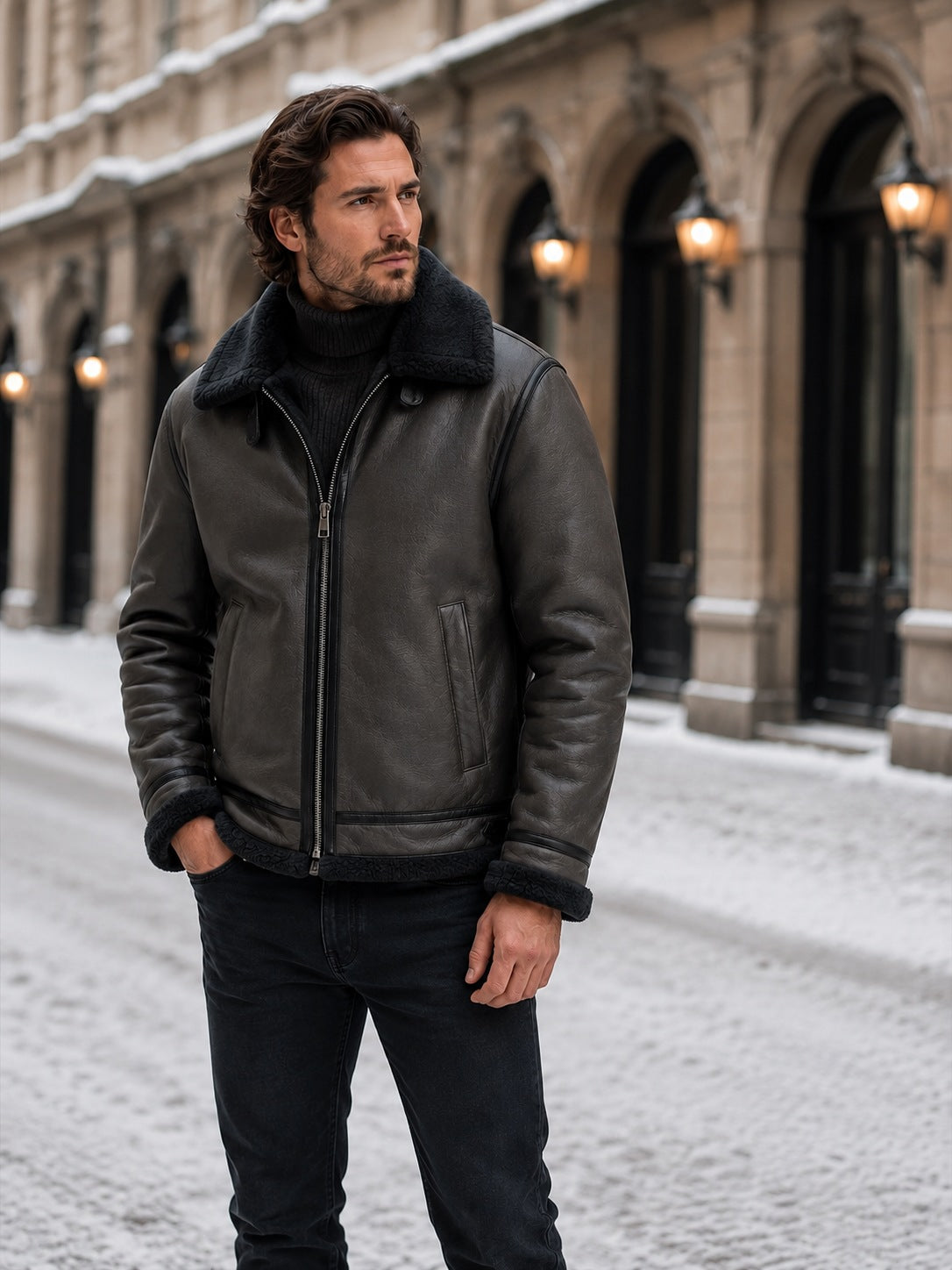 Men's faux leather aviator jacket with a wide faux shearling collar - view 5