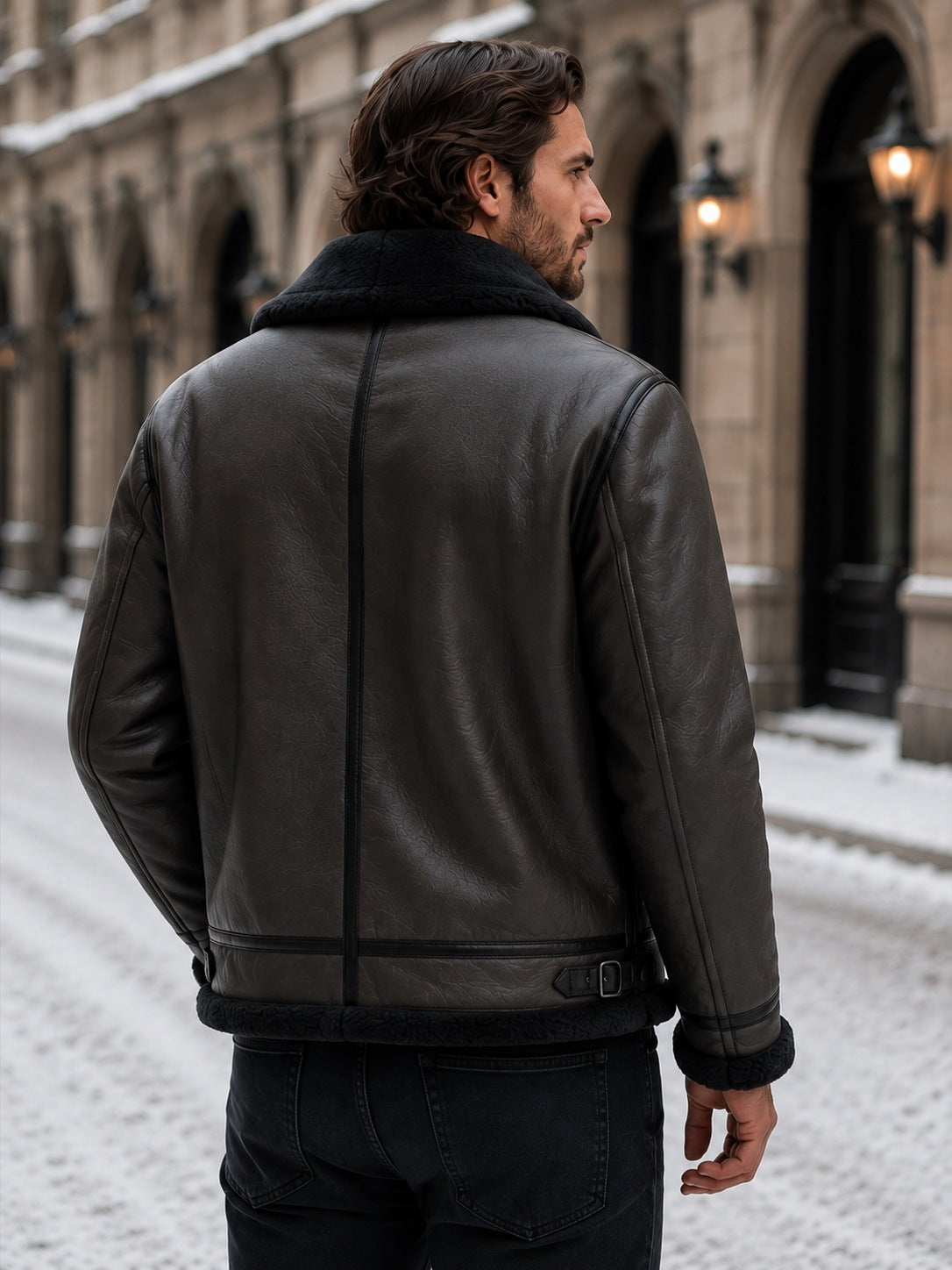 Men's faux leather aviator jacket with a wide faux shearling collar - view 6
