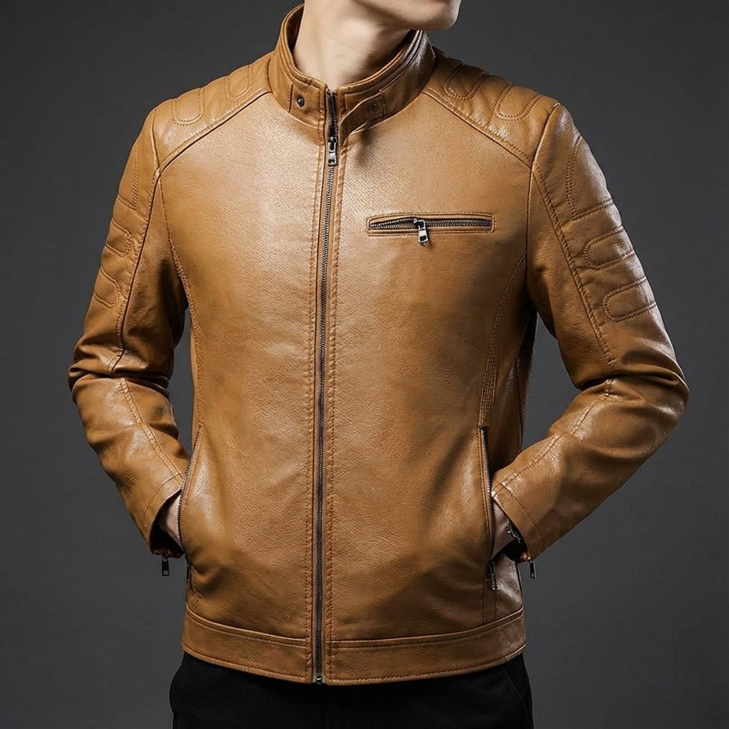 Men's faux leather biker jacket with a stand collar and quilted shoulders - cognac